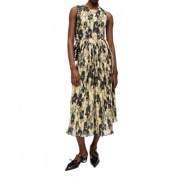 NEW GANNI pleats smock midi straps dress in afterglow